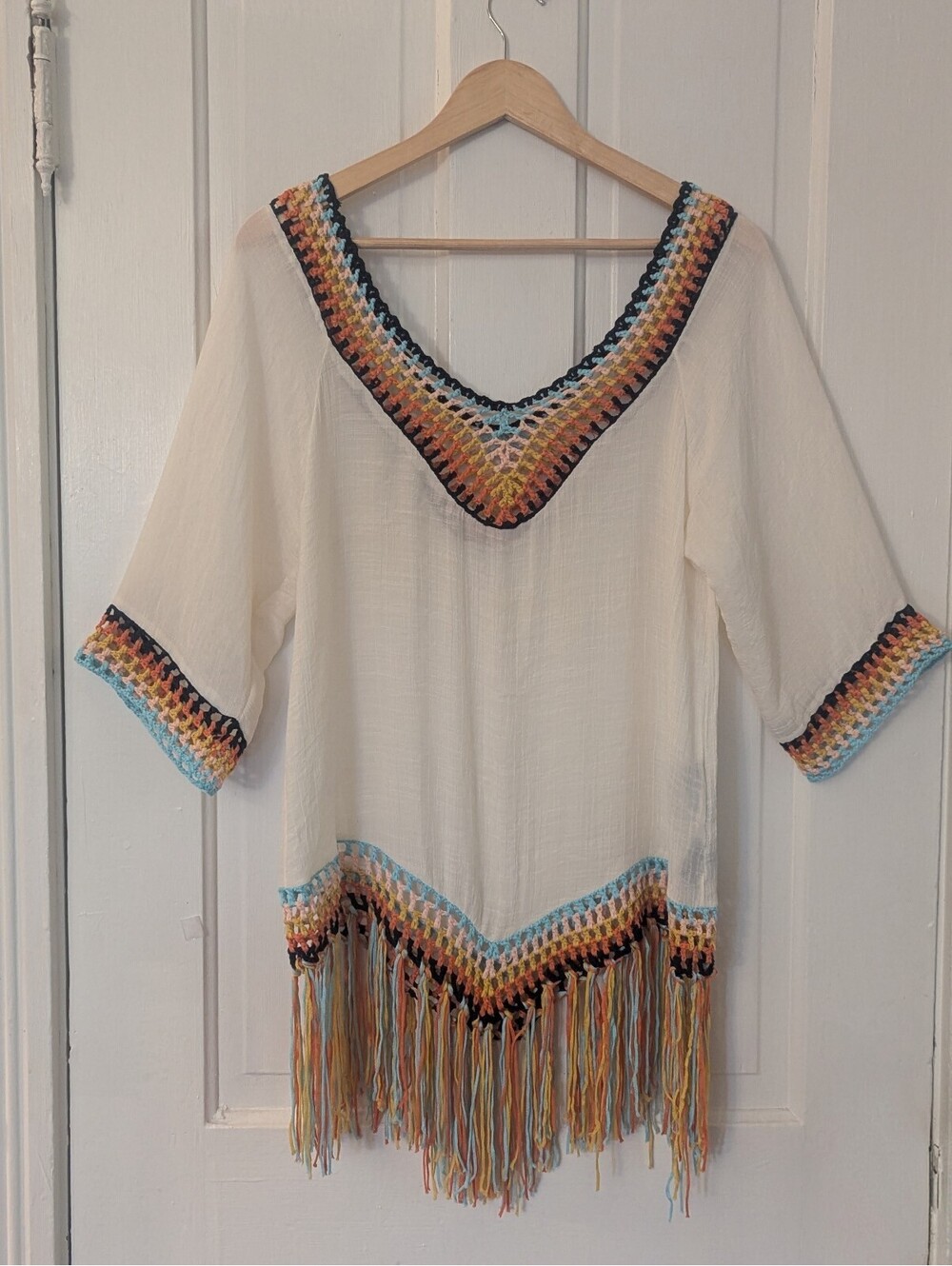 LIV LOS ANGELES COLORFUL CROCHET FRINGE COVER UP WHITE GAUZE BOHO | SZ S NWOT